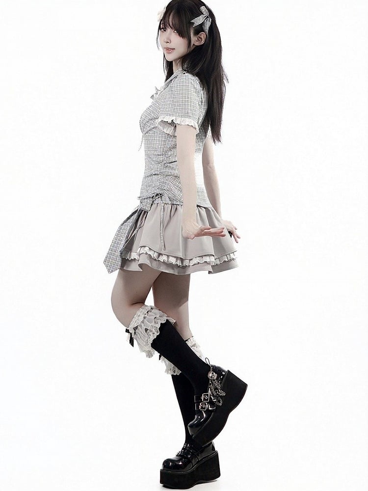 Light Gray Double Layer Skirt with Lace Trim & Plaid Belt - PINK SAVIOR