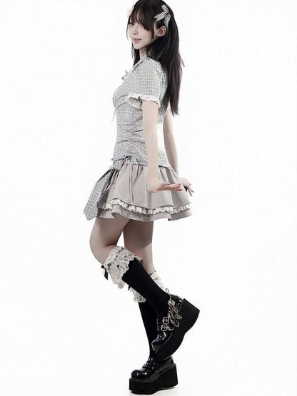 Light Gray Double Layer Skirt with Lace Trim & Plaid Belt - PINK SAVIOR