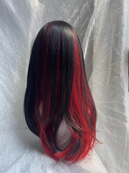 Black with 65CM Bangs Wig Full Straight Red Long Highlight