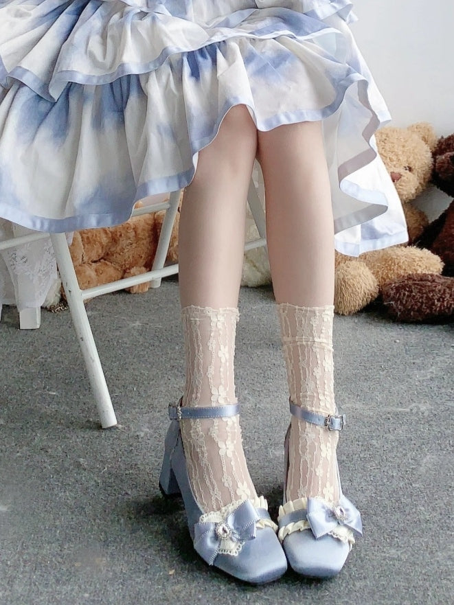 Elegant in Blue Janes Ruffle Loltia Toe Crystal Mary Bow Edging Mid-heel Satin with Square Embellished