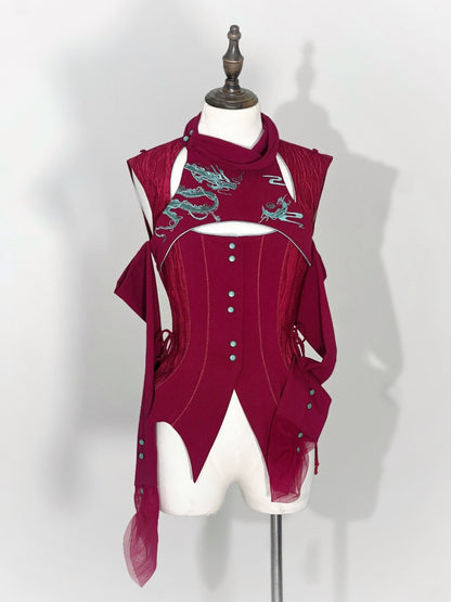 Red Gothic Dragon Embroidery Sleeveless Top Cutout Detail