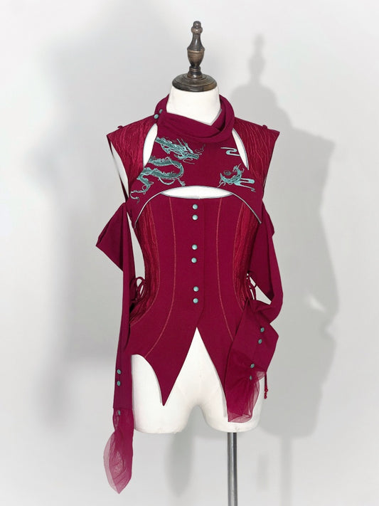 Red Gothic Dragon Embroidery Sleeveless Top Cutout Detail