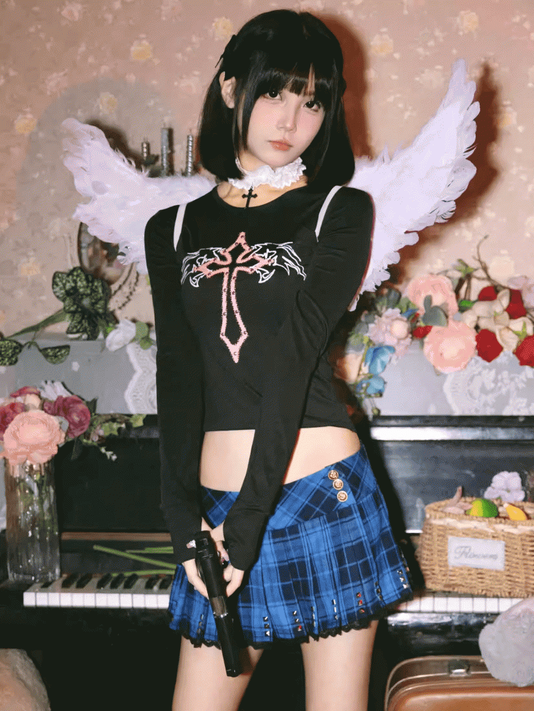 Gothic Cross and Wing Black Punk Cropped Top