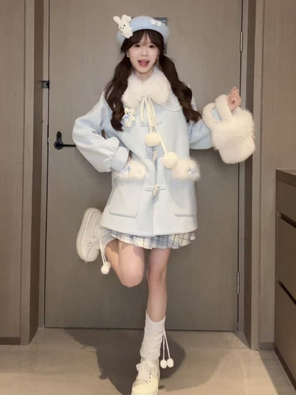 Faux Sweet Lolita Trim and Accents Coat Fur Blue Pom-Pom with Winter
