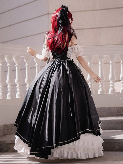 Black and White Boned Corset Bodice Gorgeous Long Train Lolita Dress Full Set
