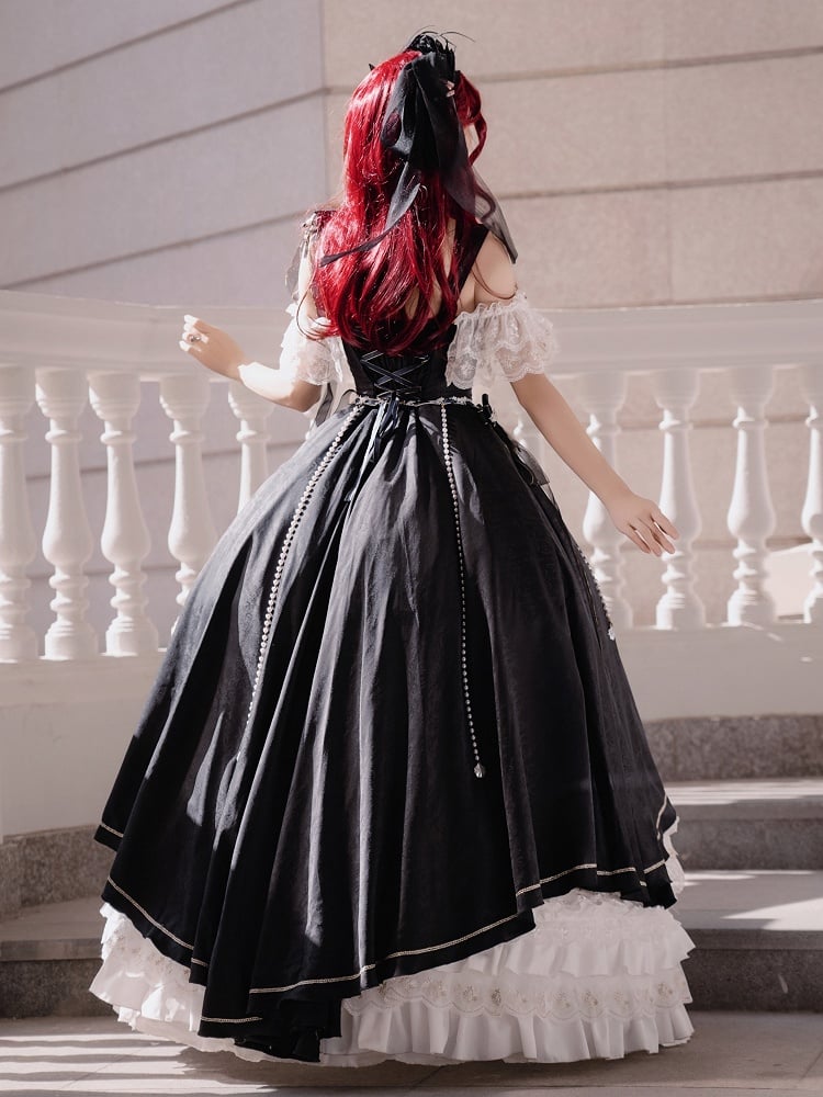 Ensemble complet de robe Lolita à longue traîne et corsage noir et blanc
