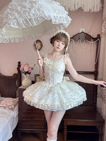 Beigefarbenes JSK-Kleid mit Flatterärmeln und Schleifen auf süßem, bauschigem Balletcore-Lolita-Mieder