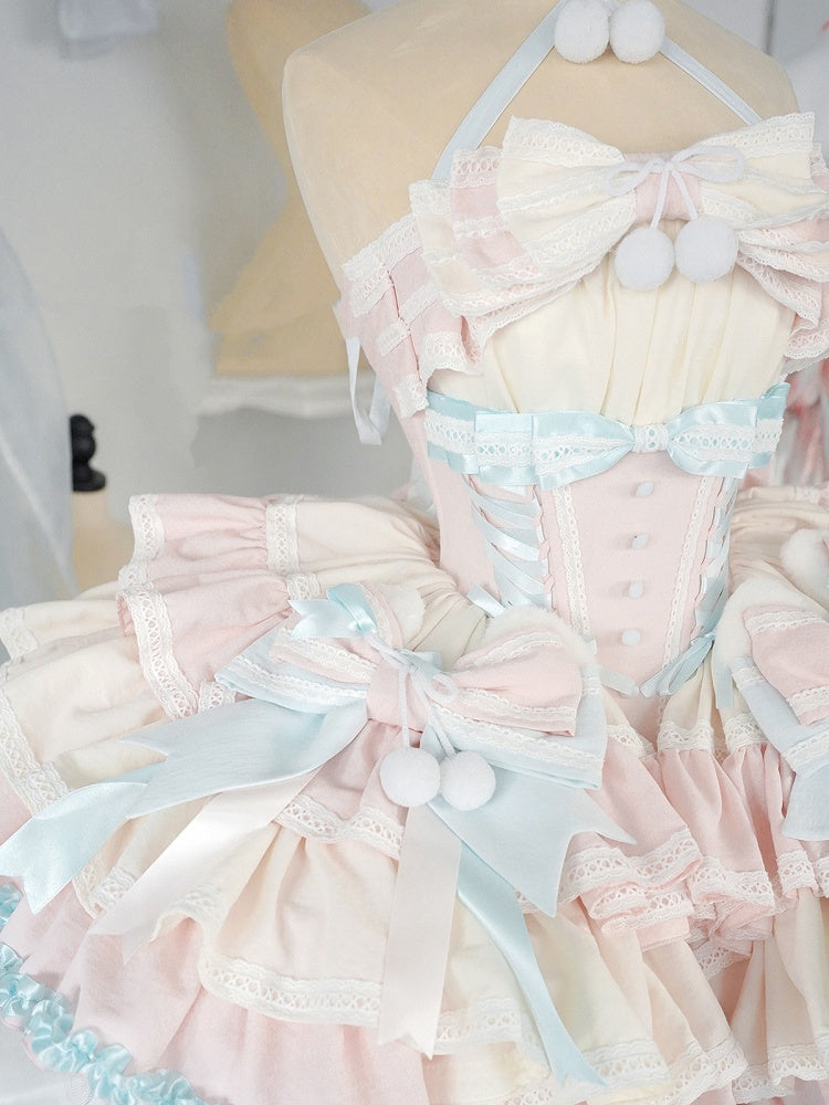 Mint Green Waist Pink Basque and Bowknots and Pompons Sweet Balletcore Puffy Lace-up Dress Decoration