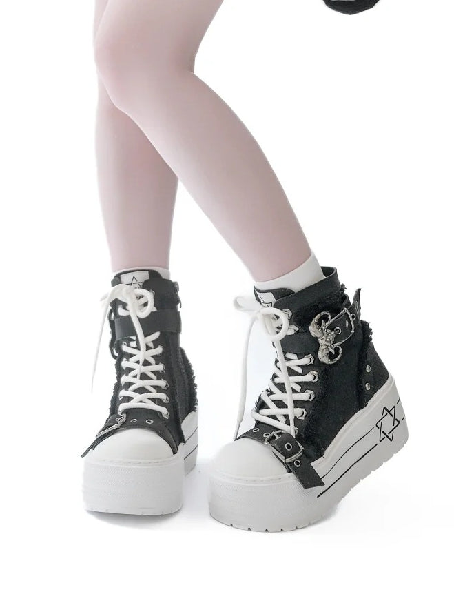Black Punk Canvas Platform Boots with Bullhorn Buckle Hexagram Print Lace-Up Size 35 - GURURU