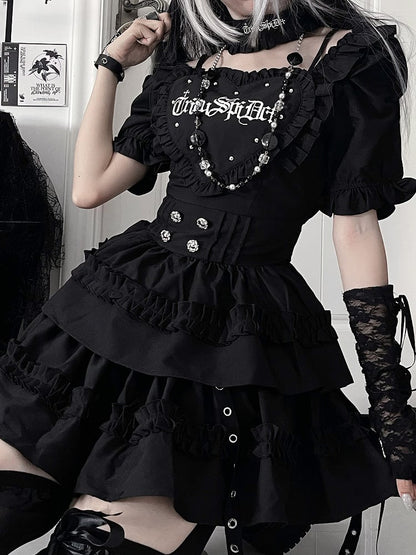 with Patch Dress Puff Skirt Tiered Sleeve Heart Black Short Gothic Ruffle