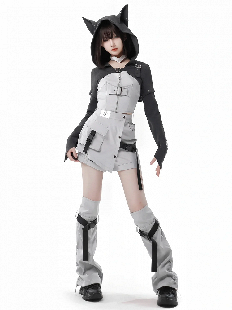 Dark Gray Wolf Ear Hooded Crop Top - PINK SAVIOR