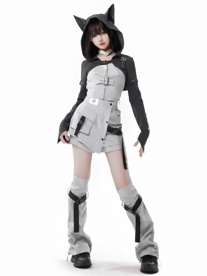 Dark Gray Wolf Ear Hooded Crop Top - PINK SAVIOR