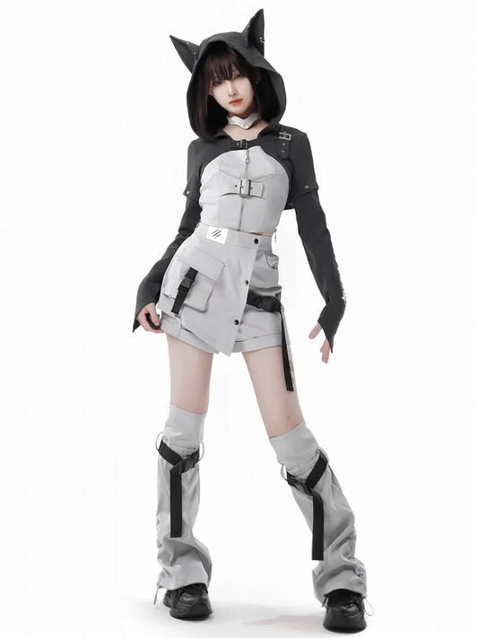 Dark Gray Wolf Ear Hooded Crop Top - PINK SAVIOR
