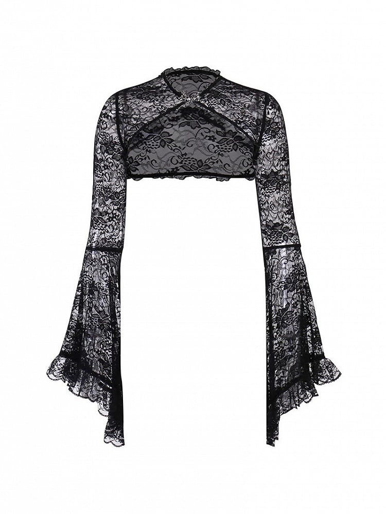 Lace Trim Halloween Shrug with Bell Black Embroidered Gothic Sleeves
