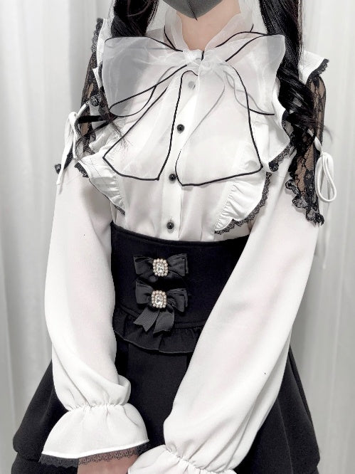 Jirai Kei Black/White/Dusty Cutout Shoulder Blouse Bow Neckline Big Pink