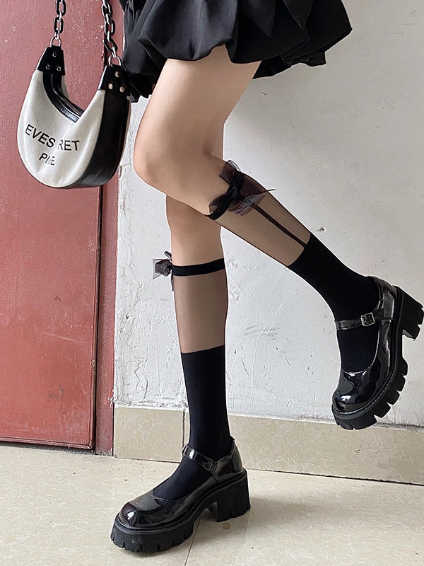 Mesh White/Black Bow Lace Decorations with Socks Calf