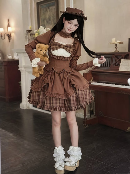 Neckline Short Elegant Square Dress Classic Coffee Lollita Plaid Version