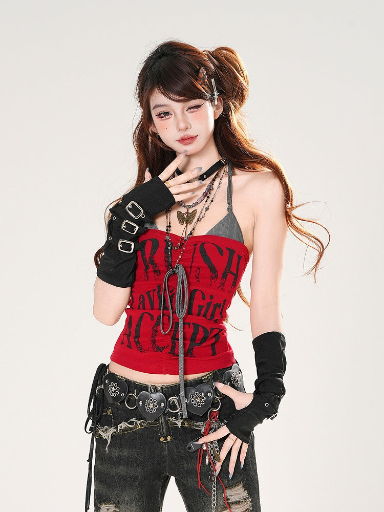 Faux Neckholder Zweiteiler Buchstaben Rot/Grau Top Print