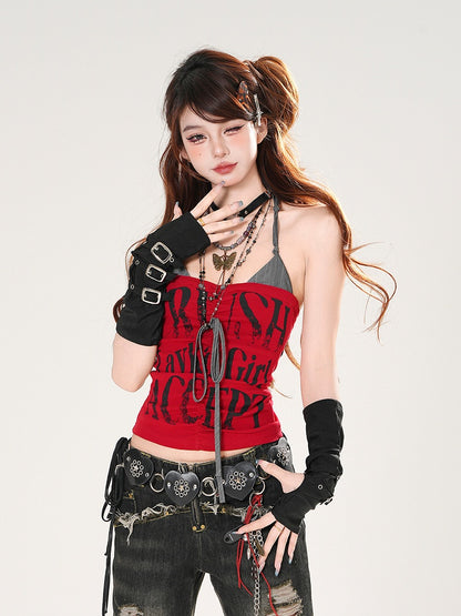 Faux Neckholder Zweiteiler Buchstaben Rot/Grau Top Print