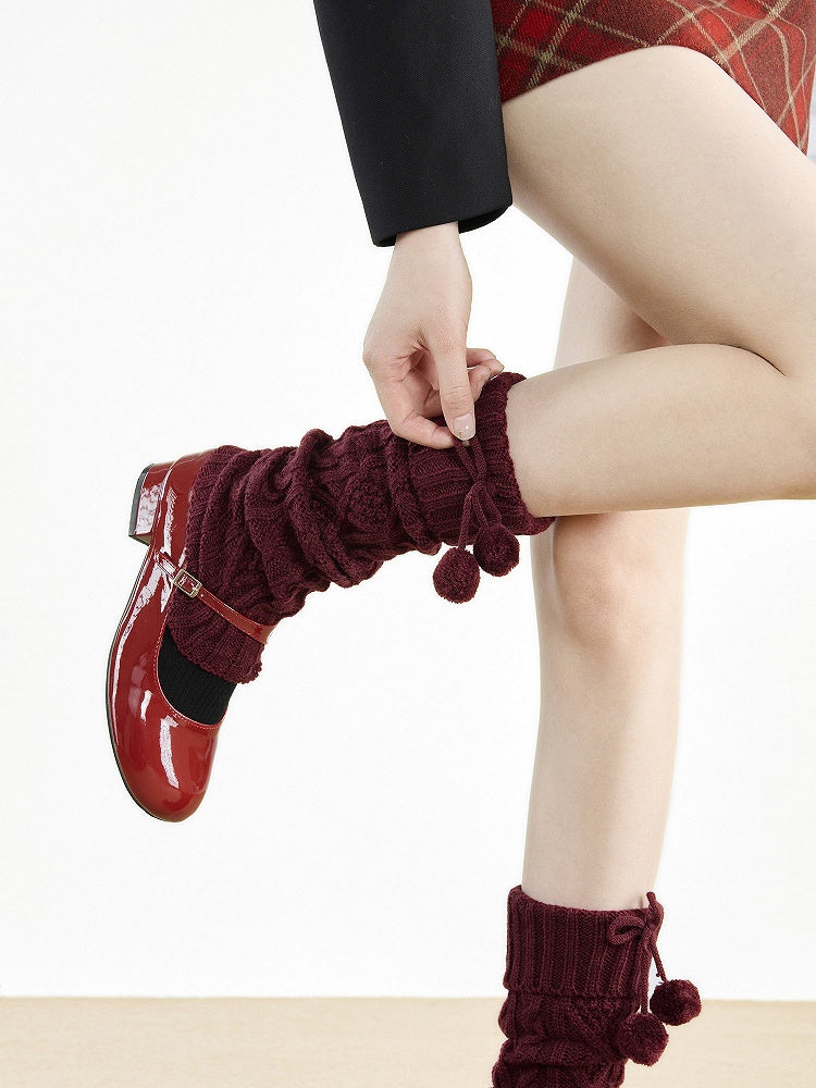 Knit with 5-Color Leg Warmers Detail Cable Bow Pom-Pom