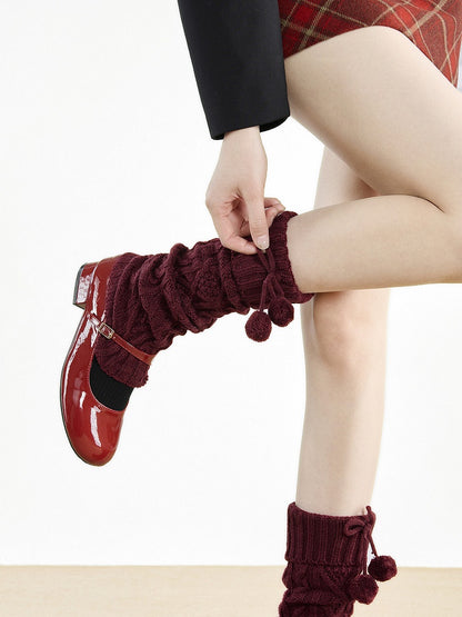 Knit with 5-Color Leg Warmers Detail Cable Bow Pom-Pom