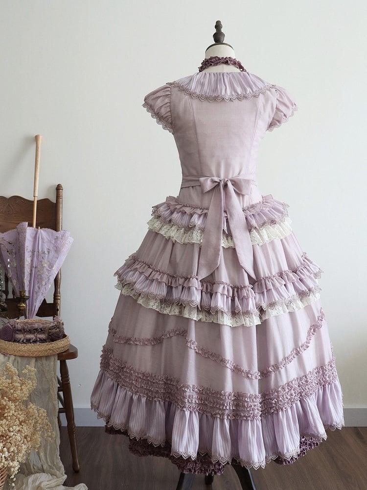 Placket Lolita Cascading Ruffle Front Light Straps Pink Self-tie Purple House Dress Style