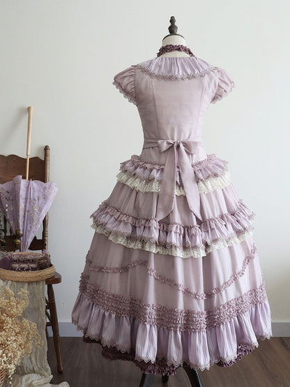 Placket Lolita Cascading Ruffle Front Light Straps Pink Self-tie Purple House Dress Style