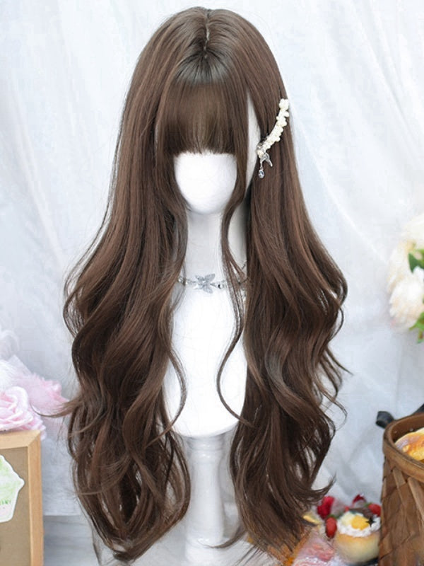 Braune, hüftlange, gewellte Perücke mit vollem Pony, 70 cm