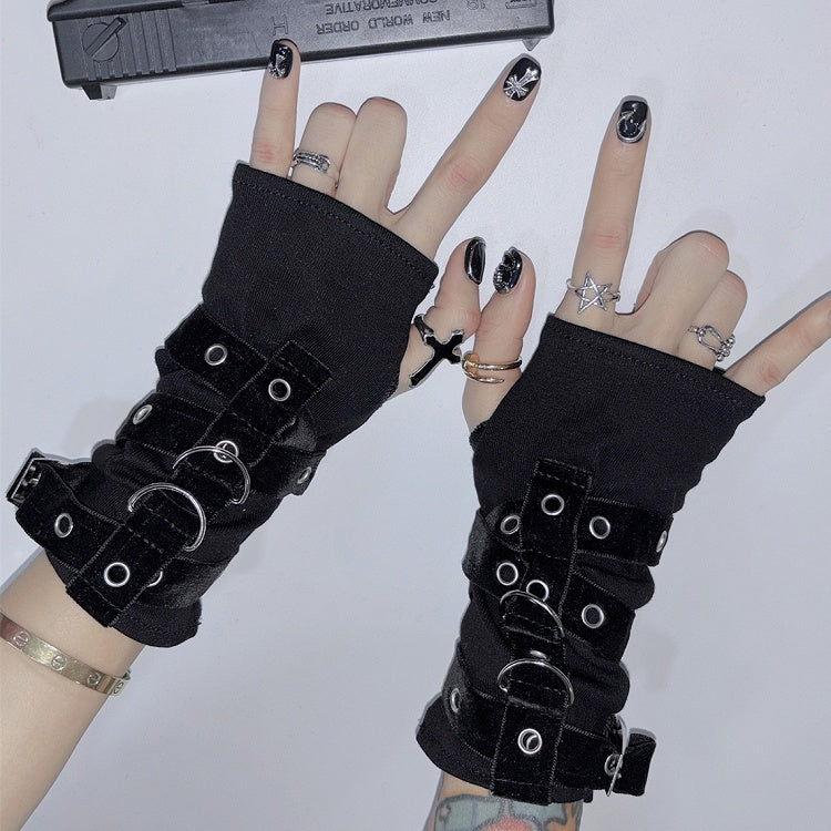 Gloves Decorated Buckle Black Y2K