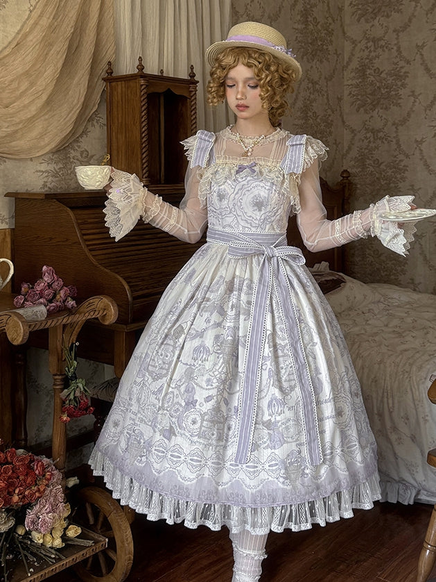 ロリータ フローラルバスケット クラシックジャンパープリントドレス 花とスカート パープル