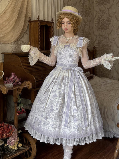 ロリータ フローラルバスケット クラシックジャンパープリントドレス 花とスカート パープル