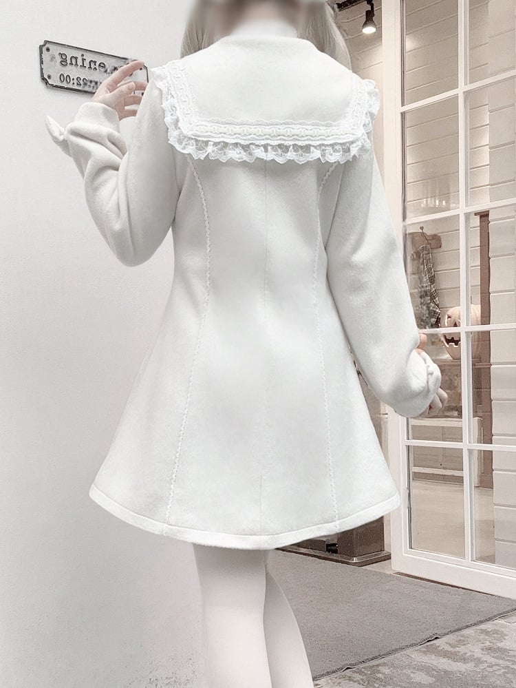 Lace-Detailed Sailor Collar Coat - Jirai Kei Beige Wool Blend with Bow Pockets & Beaded Chain