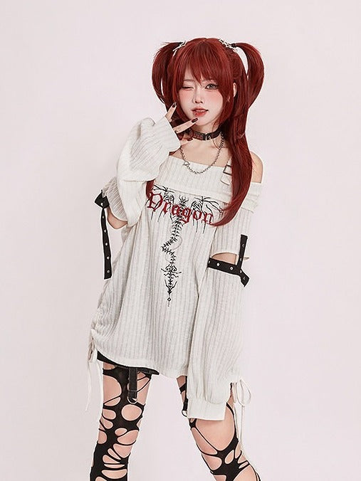 White Knit Letter Embroidery Off-Shoulder Top with Cutout - Tan Tuan