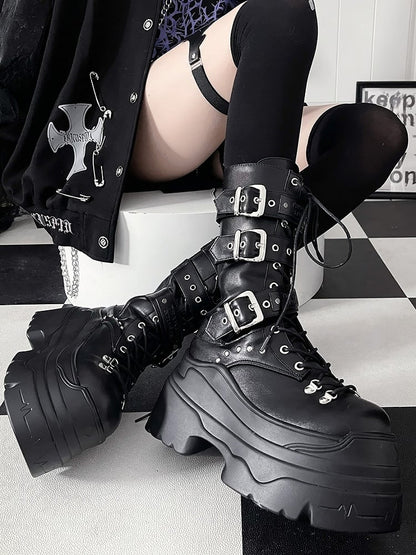 - Boots Platform Jirai with Inner Buckle Black PU Lace-Up Zipper Design Kei