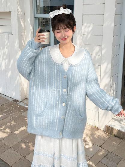 Cute Little Bear Plushie Adorned  Blue Striped Loose Cardigan