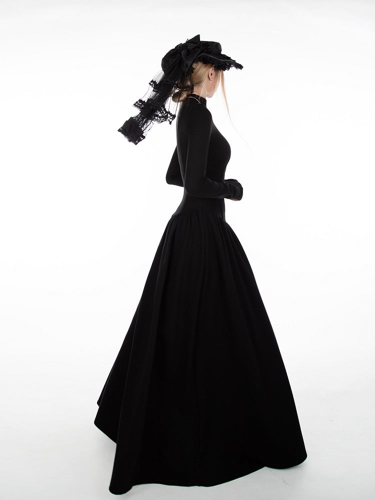 Black A-Line High-Neck Dress with Gothic Thumbhole Cuffs