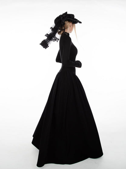 Black A-Line High-Neck Dress with Gothic Thumbhole Cuffs