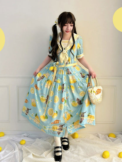 Blue Sailor Collar Floral Print High Waist Dress with Cat Motif - Cutey Mask
