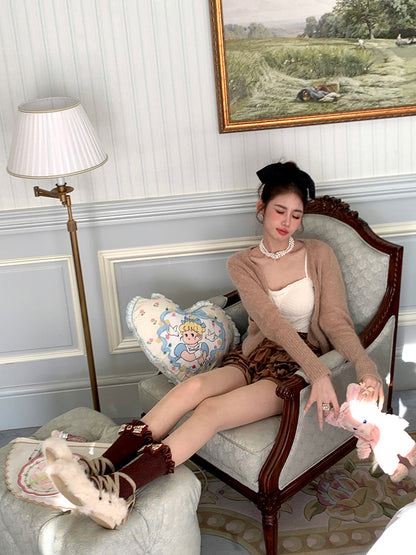 Dark Socks Decoration Bowknot Brown Calf with Rhinestone Plush