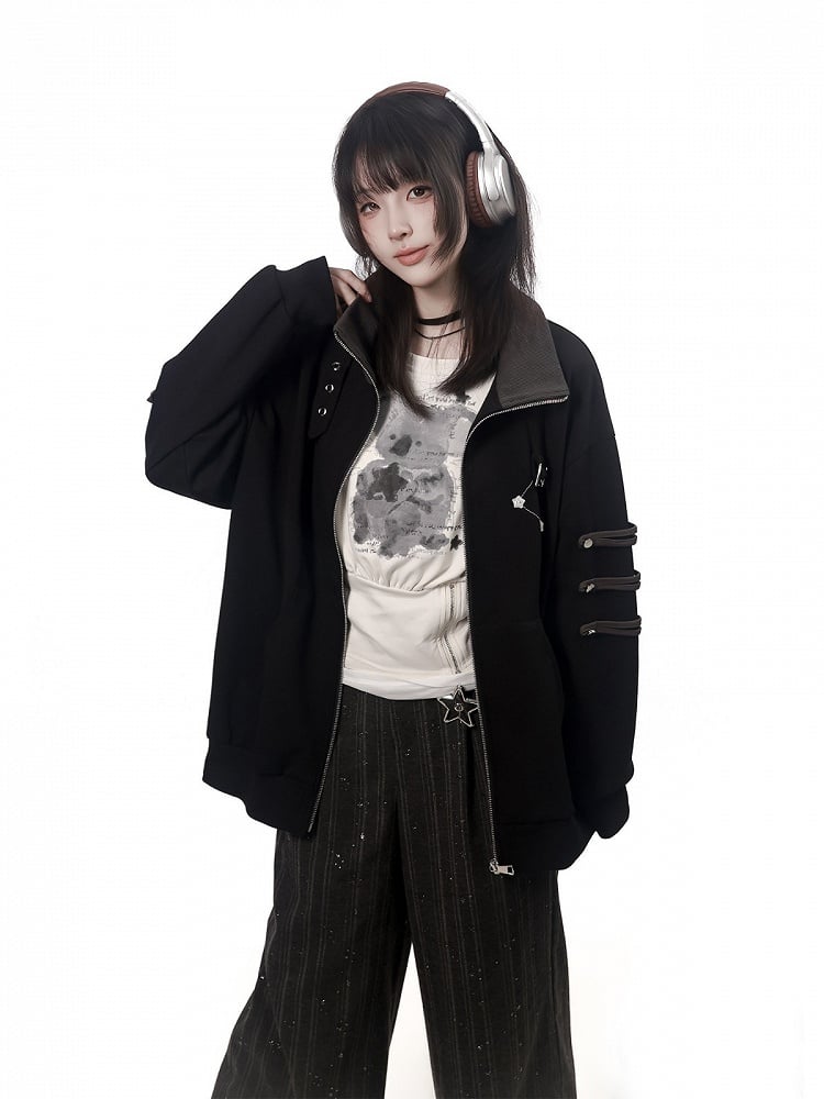 Star-Studded Zip Jacket with Buckle Straps and Stand Collar in Black - PINK SAVIOR