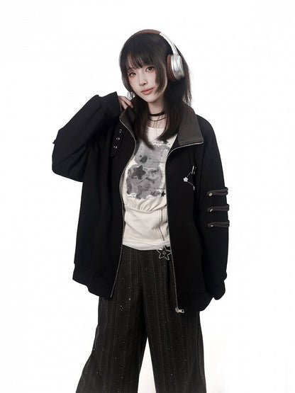 Star-Studded Zip Jacket with Buckle Straps and Stand Collar in Black - PINK SAVIOR