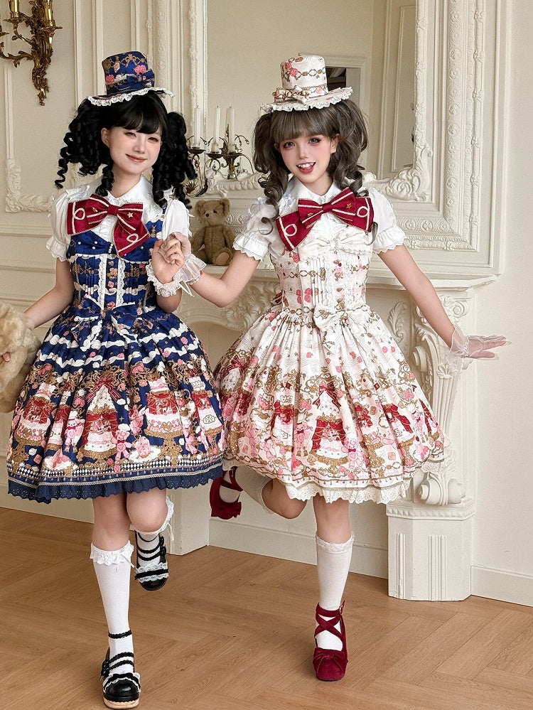 Bear Sweet Trim JSK Details Bow Dress Lace Cake Print Lolita Beige with and