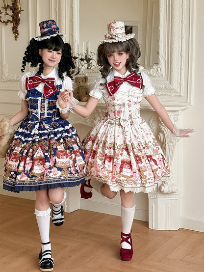 Bear Sweet Trim JSK Details Bow Dress Lace Cake Print Lolita Beige with and