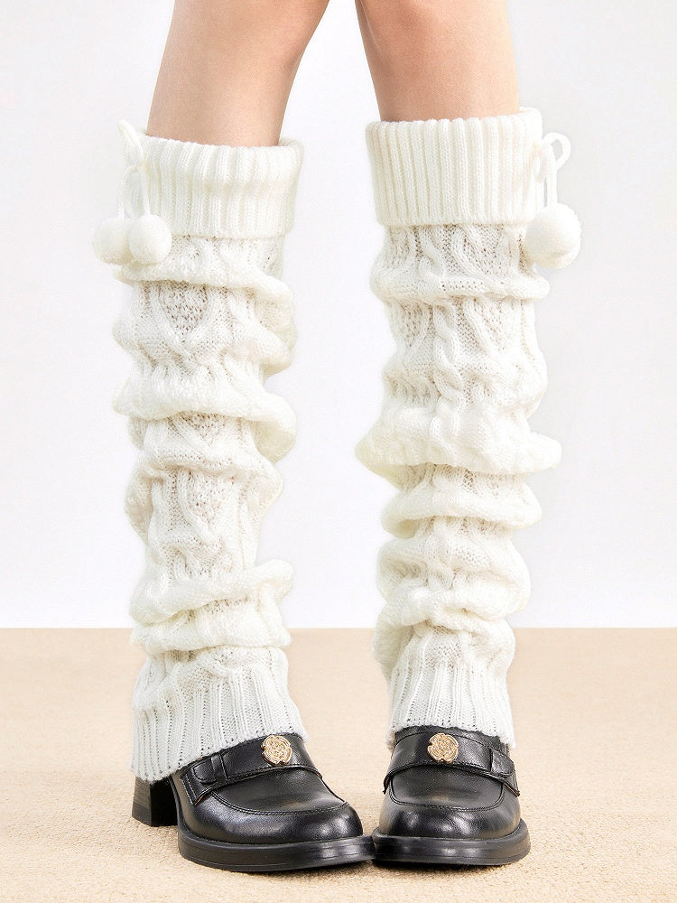 Warmers 4-Color Knit with Detail Cable Leg Pom-Pom