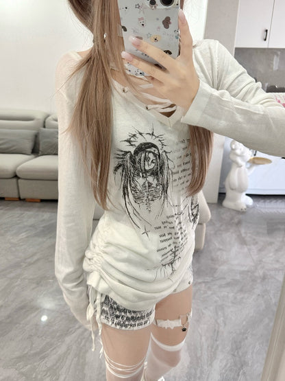 Cross White Print Side Drawstring Details Lace-Up Halter Top with Candlelight Shadow