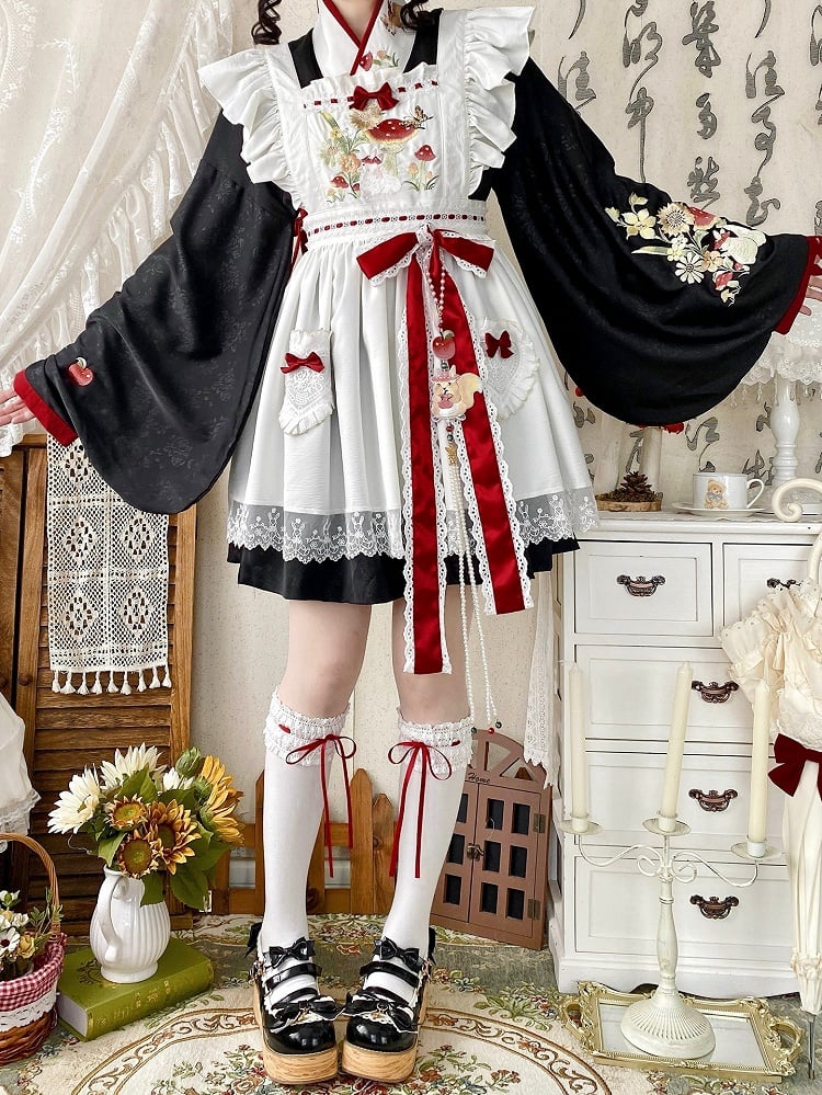 Mushroom OP Black Crossover + Ausschnittstickerei und Bunny Schürze Han Lolita