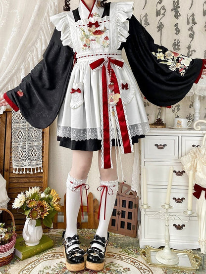 Mushroom OP Black Crossover + Ausschnittstickerei und Bunny Schürze Han Lolita