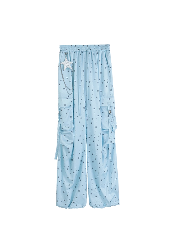 Allover Waist Blue Wide-leg Cargo Pants Star Print Drawstring