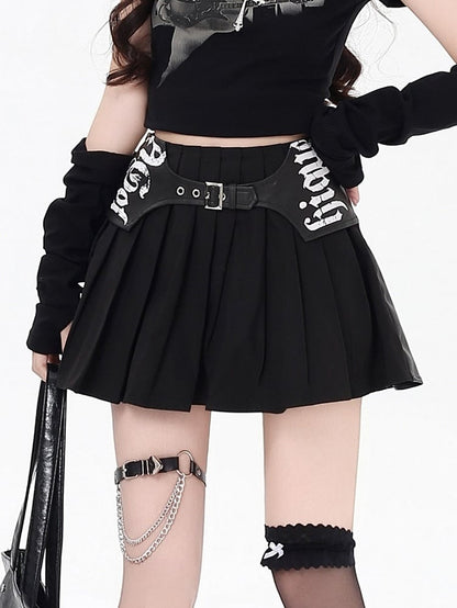 Graffiti PU Closure Pleated with Skirt Gothic Zipper Black Buckles