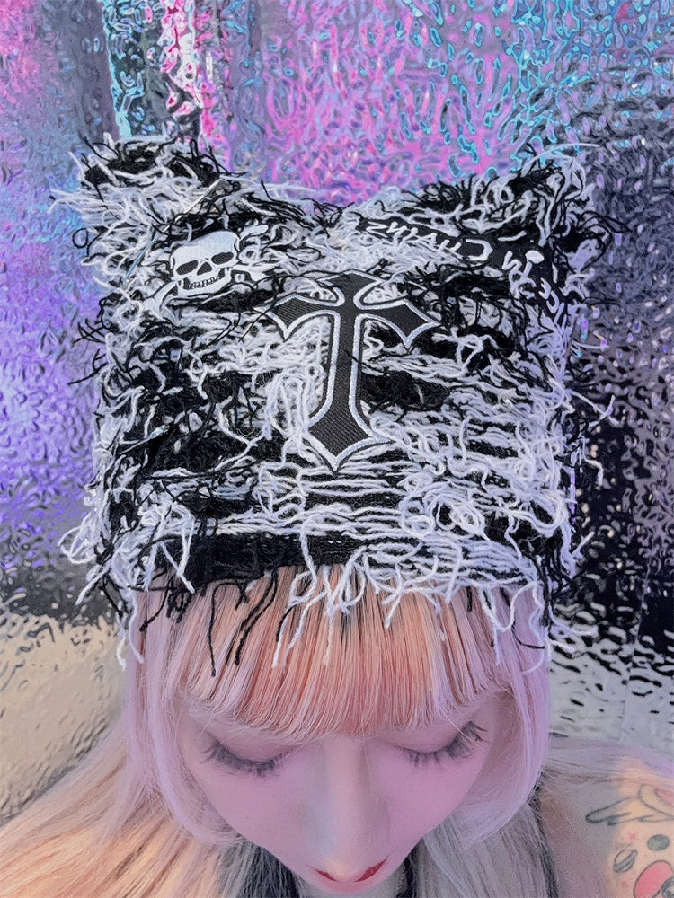 Punk-Strickmütze mit Skelett-Stickerei